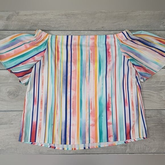 Do + BE Colorful Off Shoulder Silky Vertical Stripes Top - Picture 11 of 14